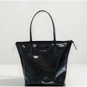 Kate Spade Glimmer  Zip Top Tote Shoulder Bag Blue /black Glitter‎ Bow Holiday